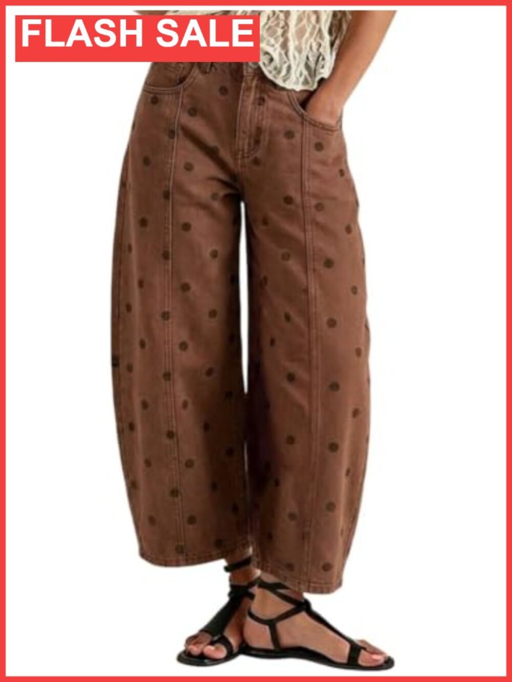 Women's Polka Dot Wide Leg Barrel Jeans Mid Rise Denim Ankle Pants